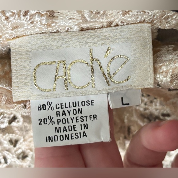 Vintage Cache Cream Beaded Floral Button Down Shirt Shacket Large Art To Wear - Picture 3 of 5